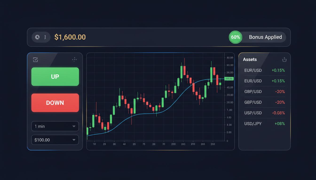 Pocket Option trading platform showing 60% bonus applied on a $1,600 account balance